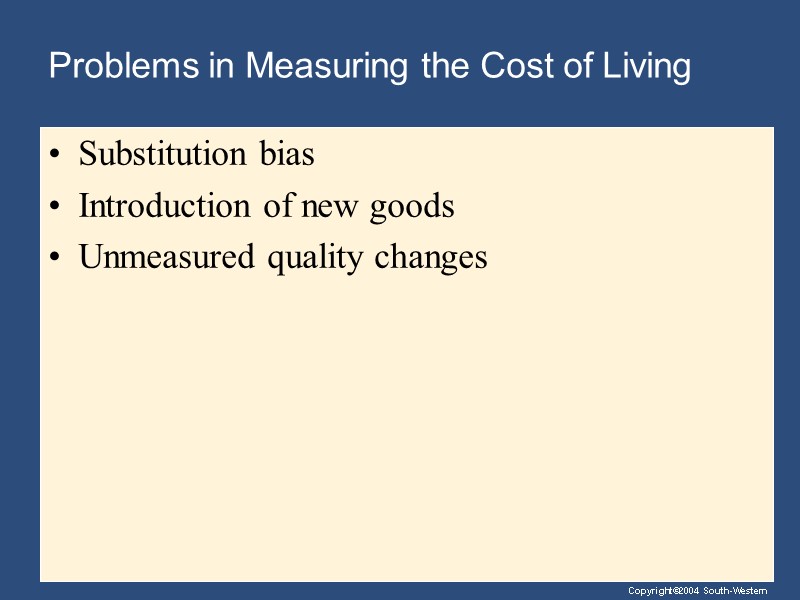 Problems in Measuring the Cost of Living Substitution bias Introduction of new goods Unmeasured